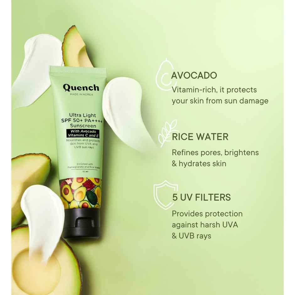 Quench SPF 50+ PA++++ Korean Sunscreen with Avocado & Vitamin E No White Cast