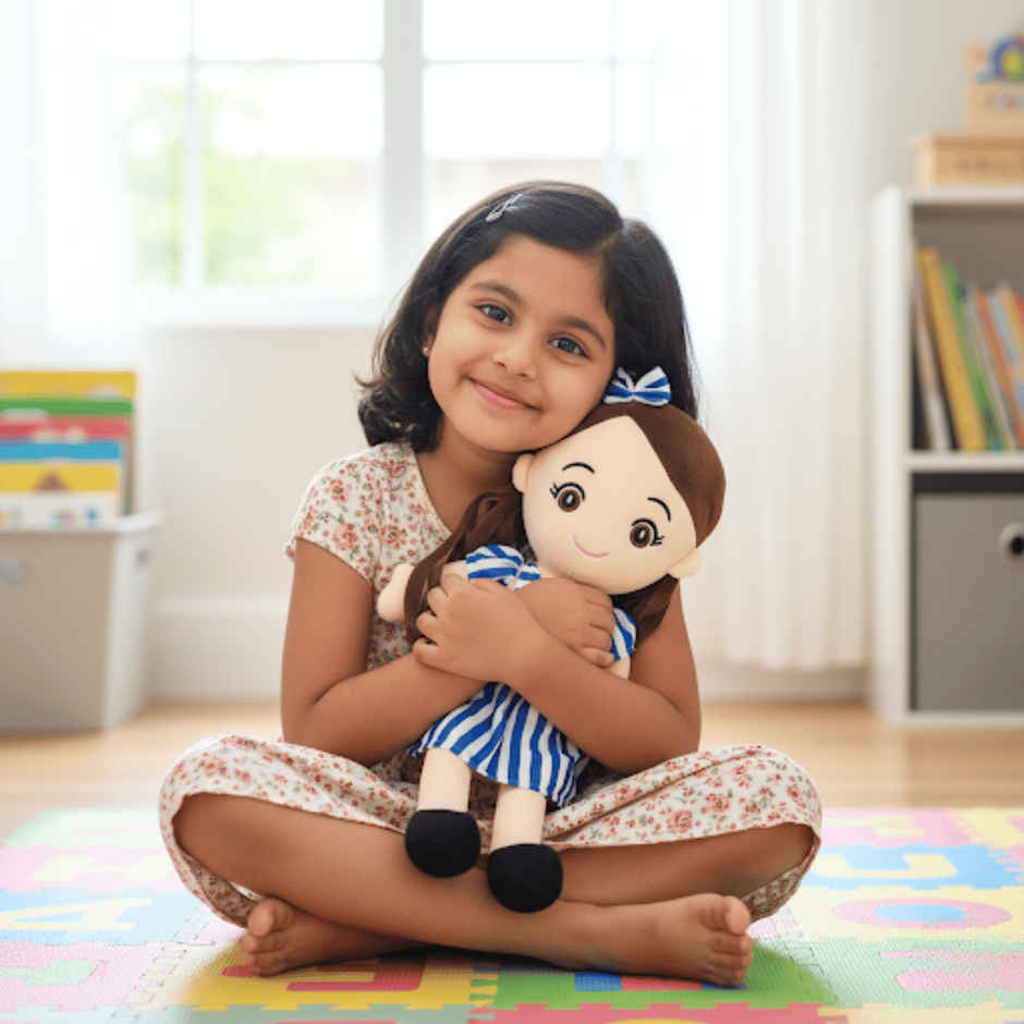 Toytales Cute Soft Doll | Plushie Stuffed Soft Toy For Girls | Kids Baby Blue Dress Doll