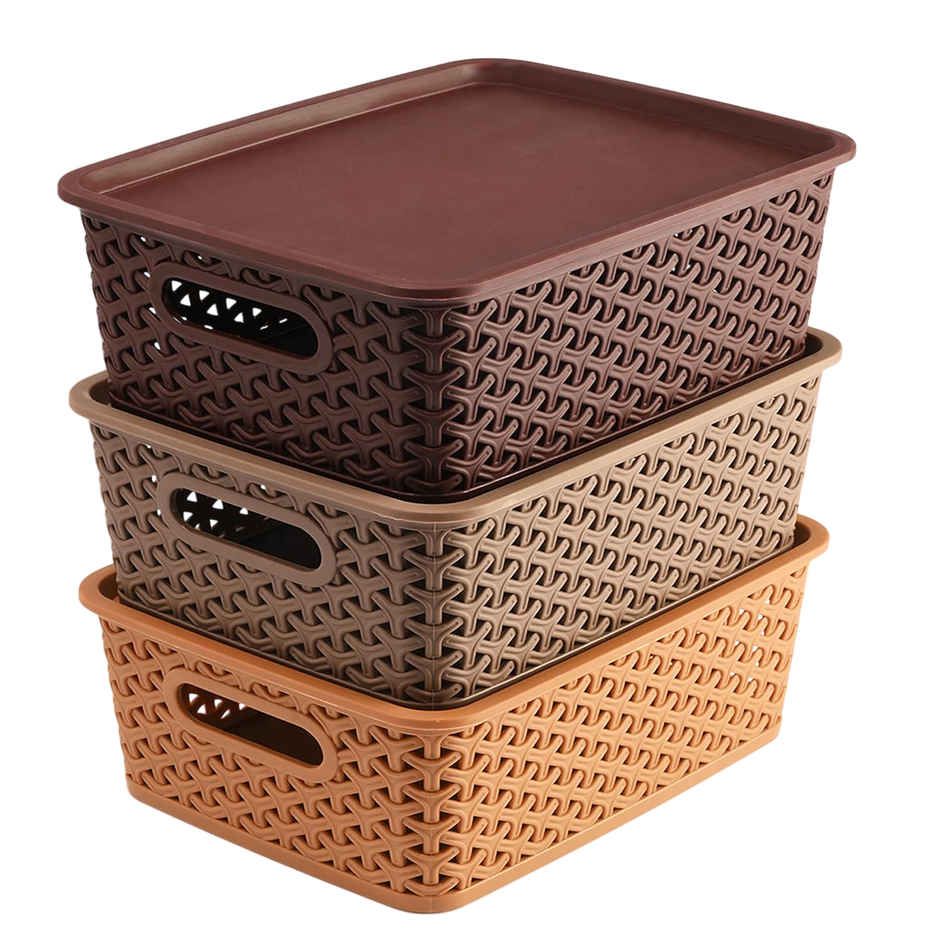 Kuber Industries Plastic 3 Pieces Small Size Multipurpose Solitaire Storage Basket with Lid|Multi