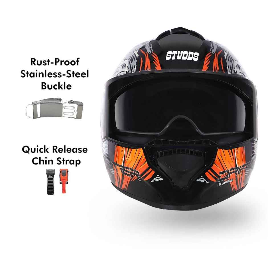 Studds Drifter D3 Rampage ISI-DOT Certified Full Face Helmet|Dual Visor & Spoiler|Black Orange - L