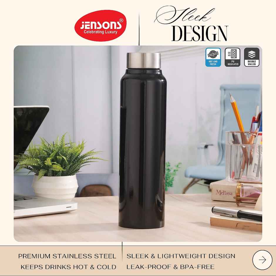 Jensons Stainless Steel Single Wall Classic Bottle | Black | 1 L