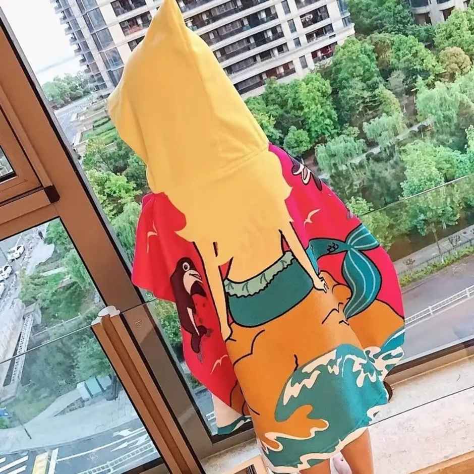 Famyo Hooded Poncho Towel, Pink Mermaid Design for Kids - 1 to 7 Years, 60 x 60 cm