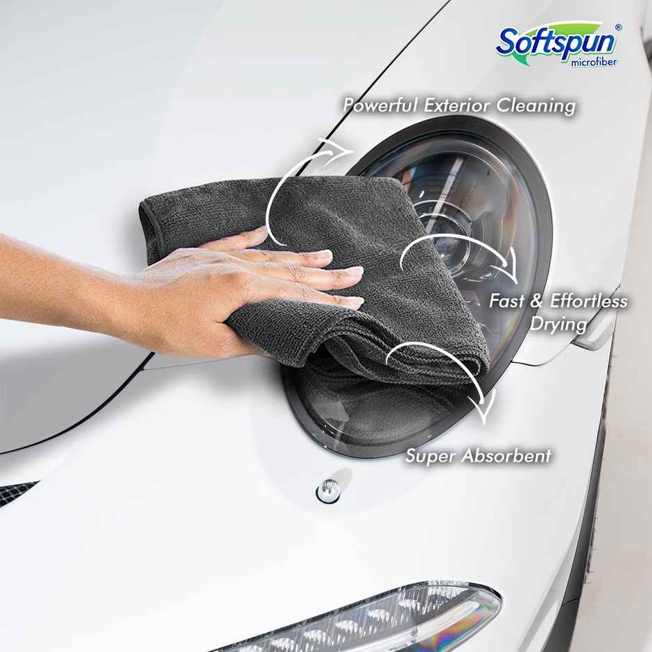 Softspun Essentials Cloth & Shampoo Combo (340 GSM, 40x40cm, 2Pc Grey Cloth & Shampoo 500mL)