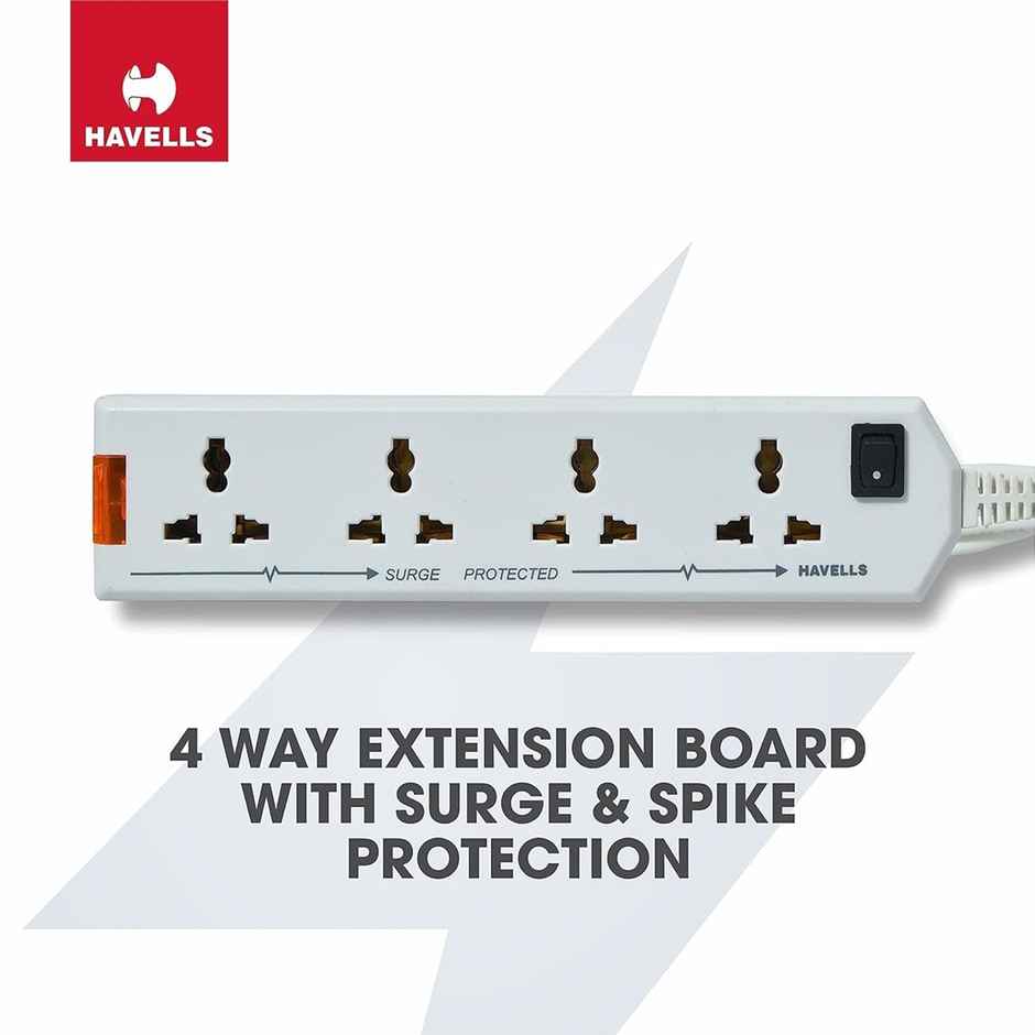 Havells 4 Way Extension Board With Surge & Spike Protection|For Power Requirements Up To 1440W |1.5 Mtr ISI Certified Copper Wire| LED Indicator | Rating -6A, 240V | Home & Office Use, 10 Volts - White