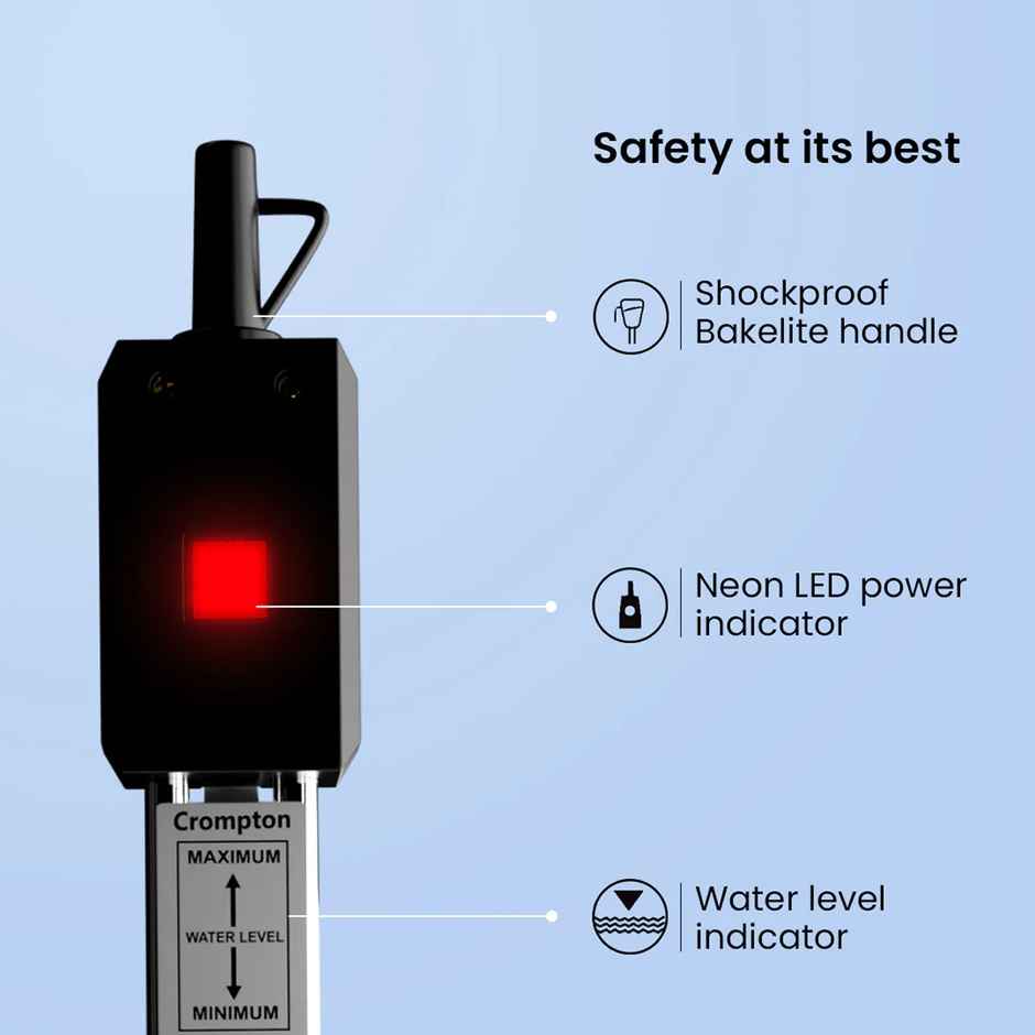 Crompton 1500W Immersion Rod Water Heater, Copper Heating Element Shock Proof Backalite Handle, Water level indicator,Neon lamp Indicator - Black