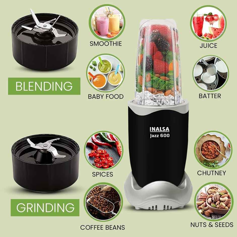 Inalsa Nutri Blender | Mixer Grinder Jazz 600 | 600W | 5 Jar,3 Blades& Froth Blade - Black & Silver
