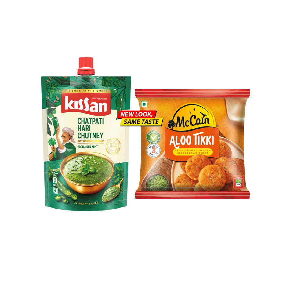 Kissan Teekhi Lehsun Mirch Chutney Doy (100g) & Mccain Aloo Tikki | Frozen Ready To Cook Potato Snack (400g) Combo