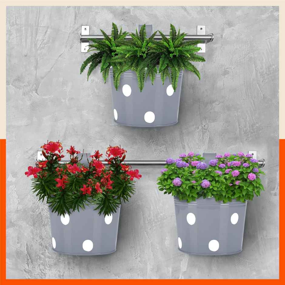 Bathla Hanging Metal Pots Holders Set of 3 - RUI | Detachable Double Hooks | Ash