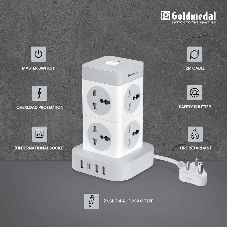 Gold Medal Turbomax 8+4 Extension Board | 8 Universal Sockets with Safety Shutter | 3 USB & 1 USB-C Port | Master Switch with Indicator | 2-Meter Extension Cord