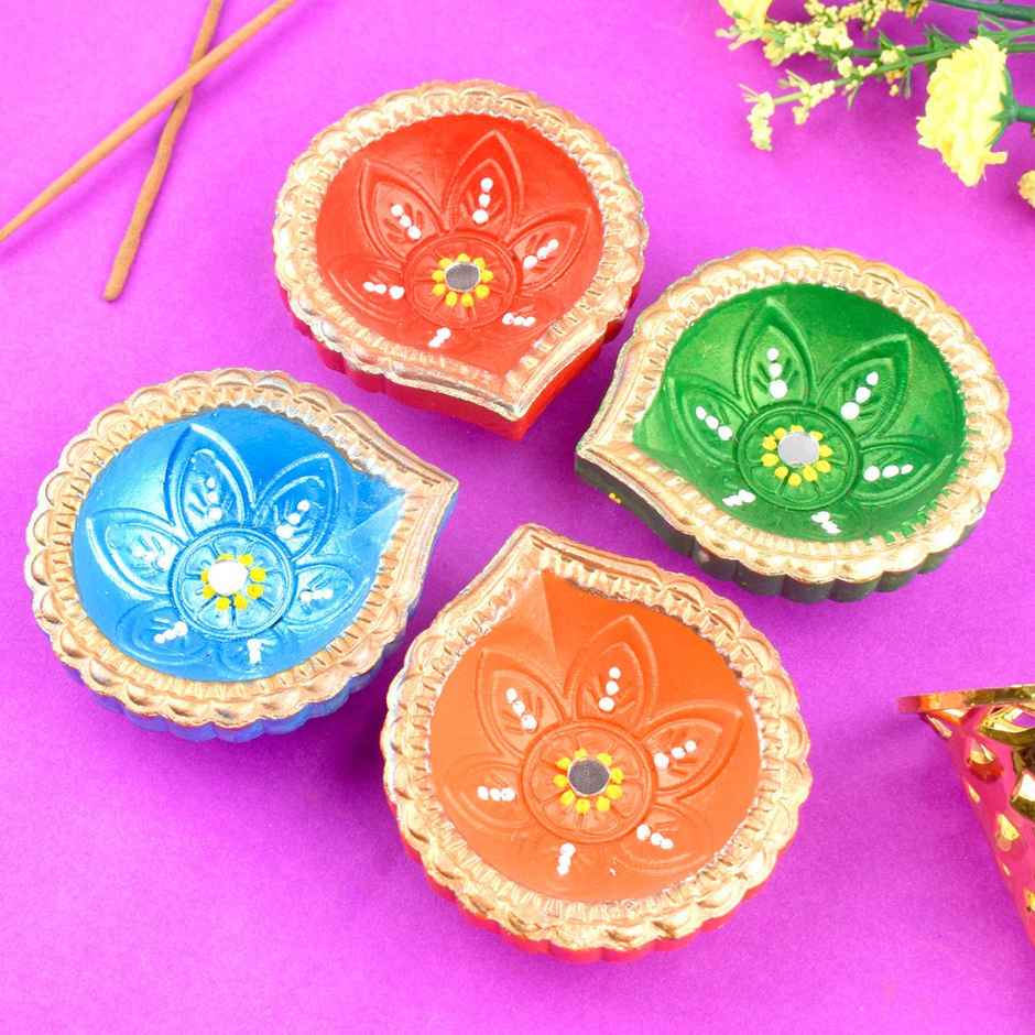 Designer Multicolor Clay Diya | Assorted Shapes | Designer Diya | 4 Pcs | Satvik