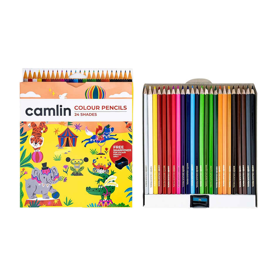 Camlin Colour Pencils Assorted Pack Of 24 Shades With Sharpener, Full Size