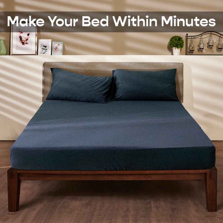 Sleepycat Knitted Jersey Fabric Fitted Sheet With 2 Pillow Cases Midnight Blue (King Size, 78 x 72)