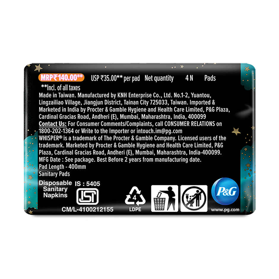 Whisper Bindazzz Nights Sanitary Pads | XXXL | 4 pcs