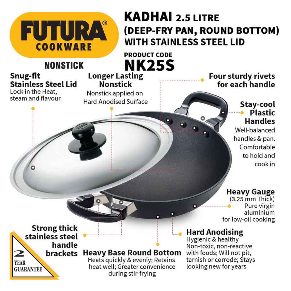 Hawkins Futura 2.5 Litre Deep Fry Pan Non Stick Kadai With Stainless Steel Lid Round Bottom - Black