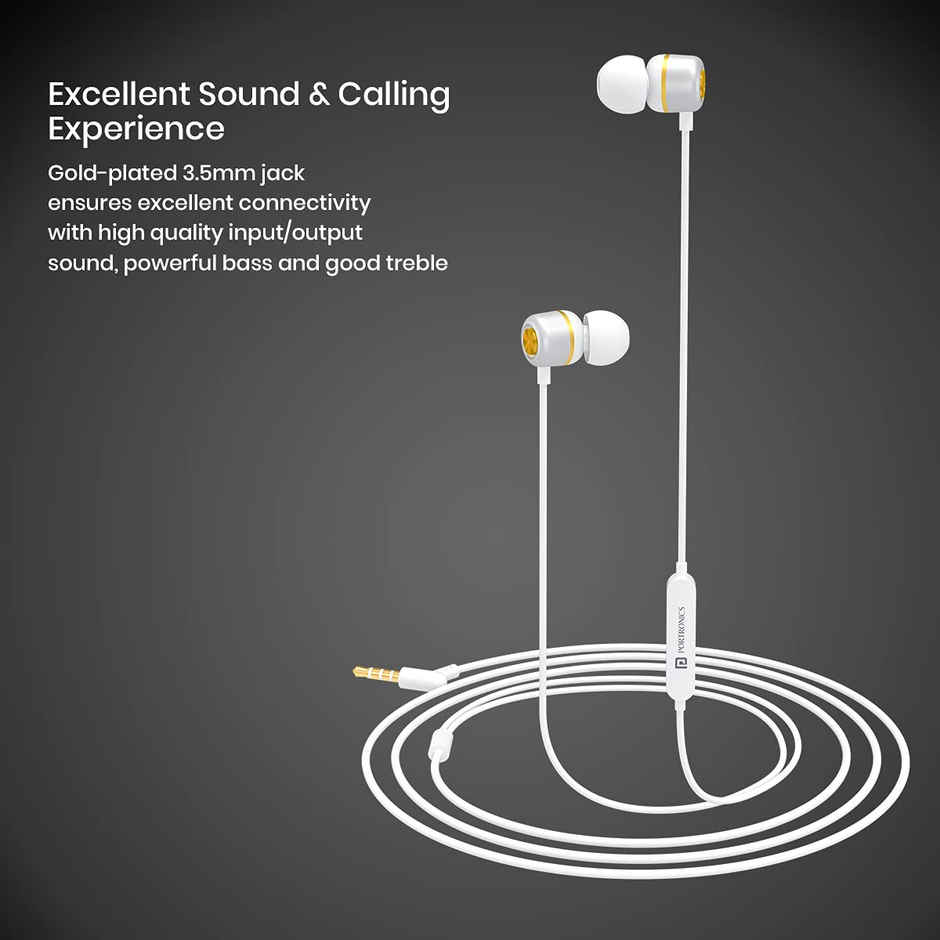 Portronics Conch 10 in Ear Wired Earphone with Mic, 3.5mm Jack, Power Audio, in line Control, Water Resistant, Anti Tangle Wire, Sound Isolation, Comfort Fit - White