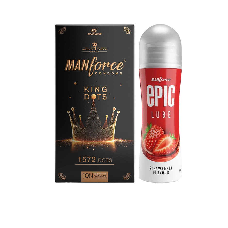 Manforce King Dot | Spiral-Dotted Condom For Enhanced Pleasure (1pc) & Manforce Epic Lube Strawberry Flavored Lubricating Gel For Men And Women Water Based Skin Friendly (60ml) Combo