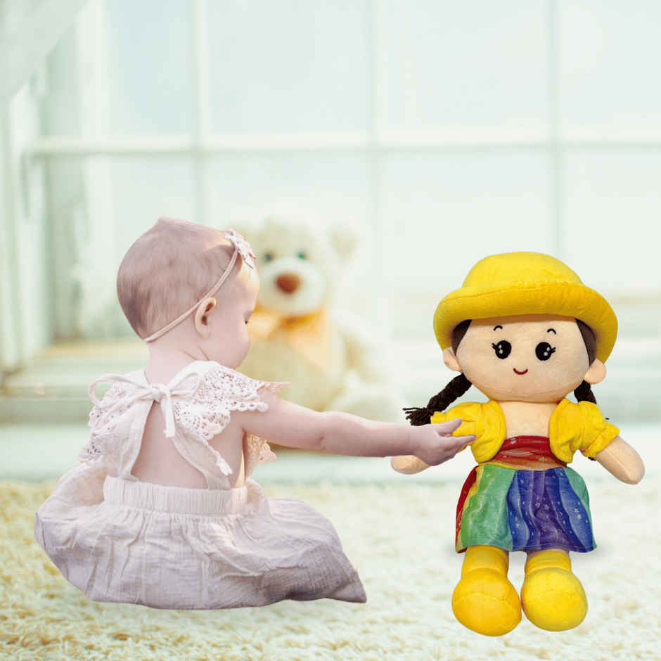 Toytales Soft Toy Doll With Yellow Hat & Rainbow Dress 45 cm | Plushie For Girls Kids | Plush Toy