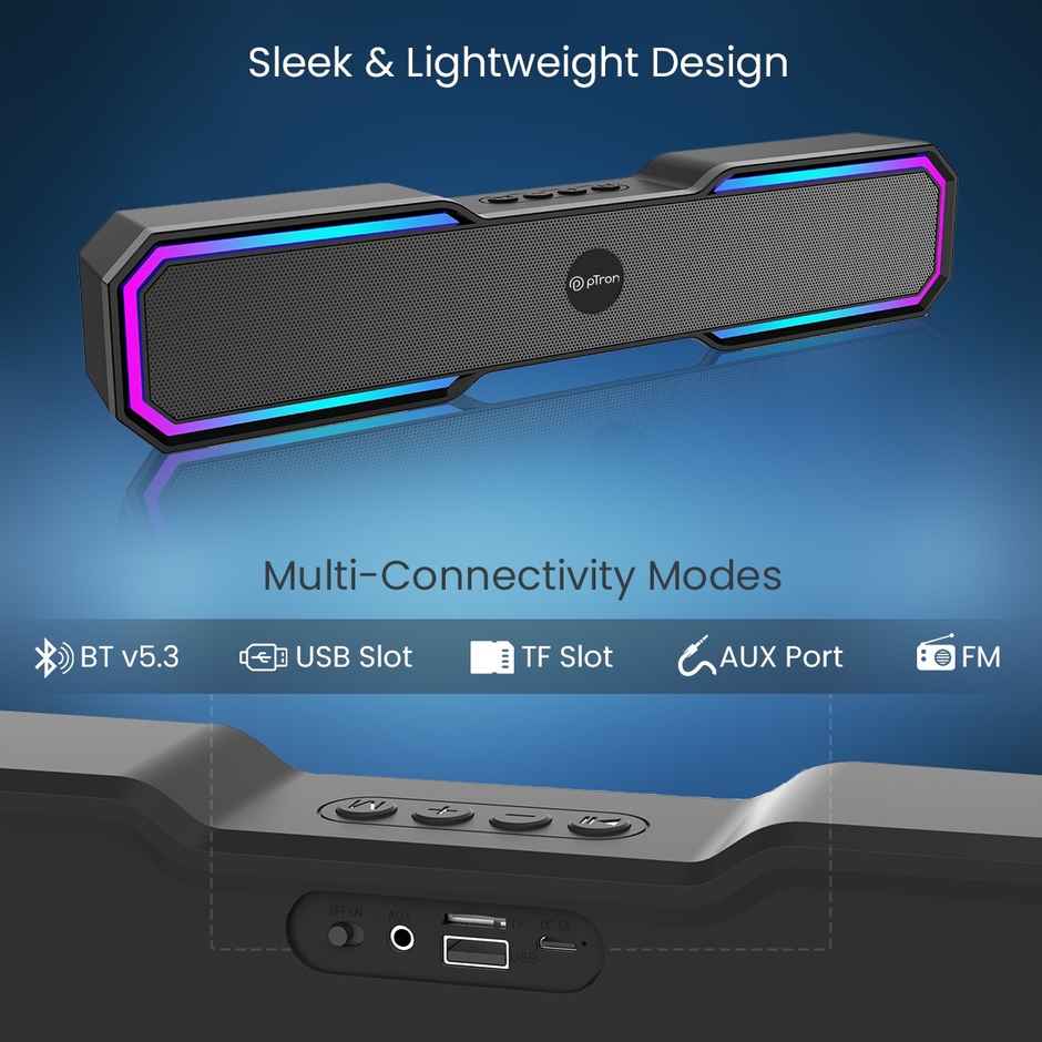 pTron Fusion RB 18W Bluetooth Soundbar| RGB Lights| Supports BT/FM/Aux/TF/USB Playback - Matt Black