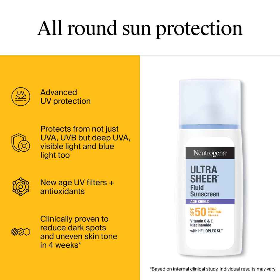 Neutrogena Ultra Sheer Age Shield Fluid Face Sunscreen SPF50+ PA++++ Hyaluronic Acid, Niacinamide Oily Skin