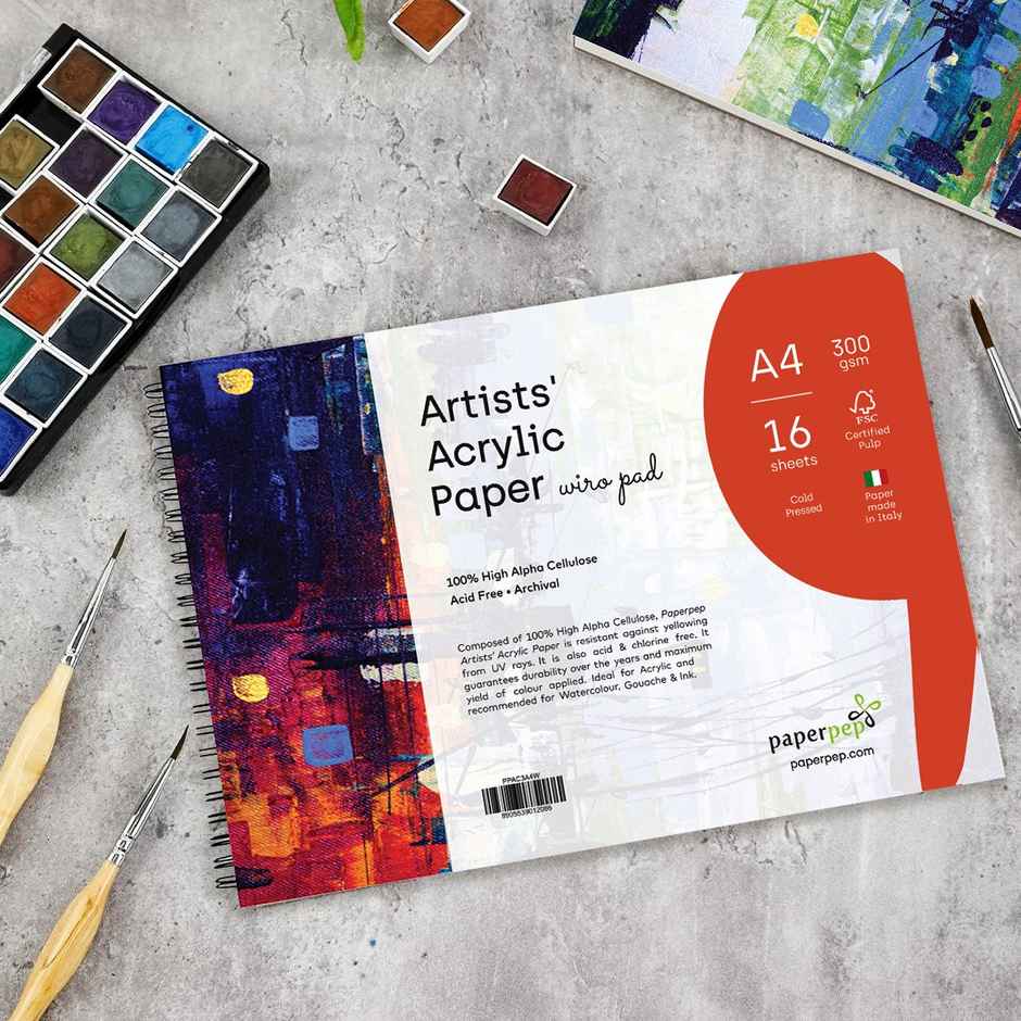Paperpep Artists' Acrylic Wiro Pads 300Gsm Cold Pressed A4 16 Sheets