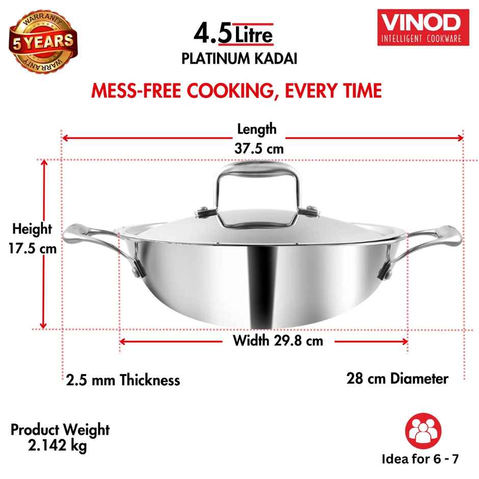 Vinod Platinum Triply Stainless Steel Kadai With Lid- 30 Cm, 4.5 L (Induction Friendly)