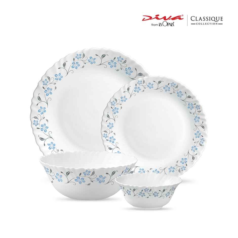 La Opala Diva Classique Dinner Set | Opal Glass Crockery for Dining | 13 Pcs - Grace Blue
