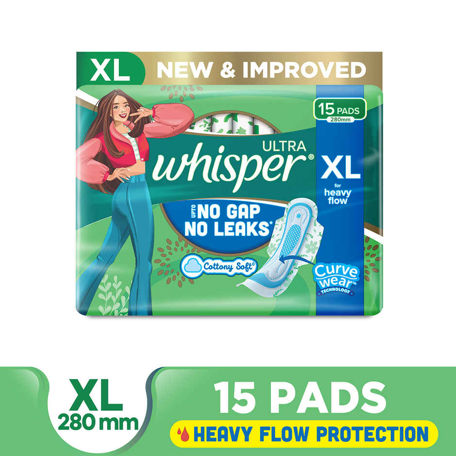 Whisper Ultra Upto No Gap No Leaks Sanitary Pads | XL | 15 pcs