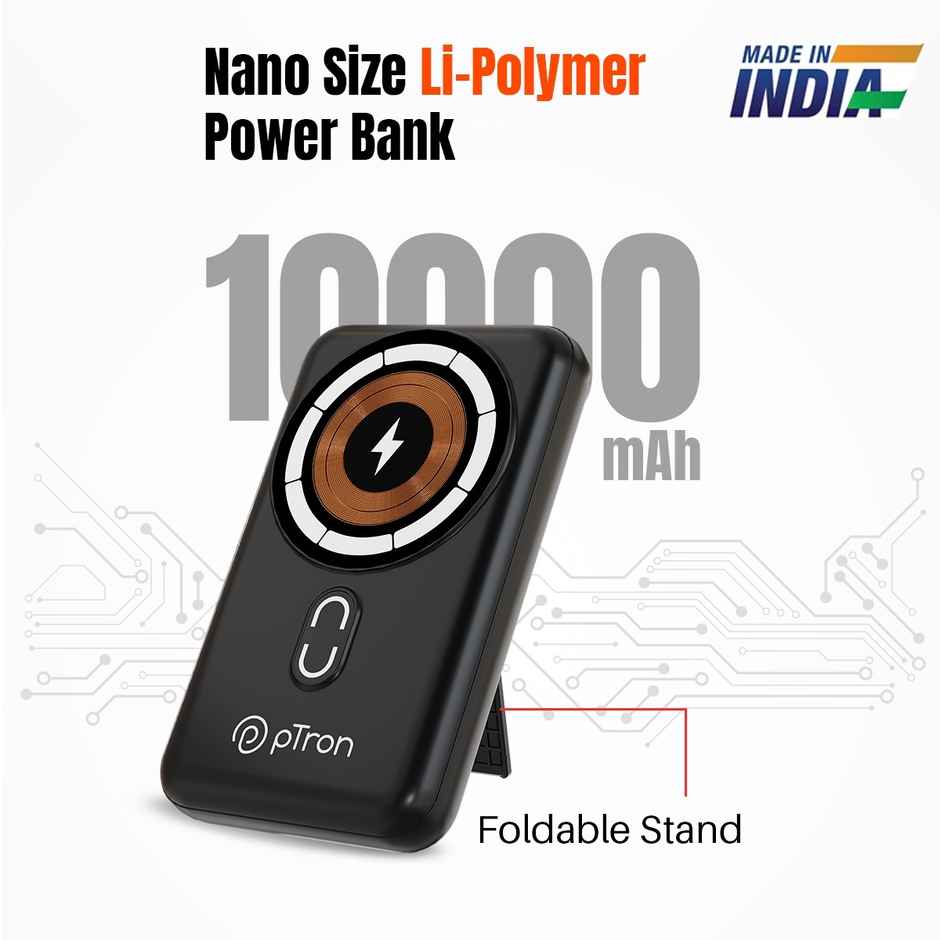 pTron Dynamo Quanta 10000 mAh 22.5W Nano Power Bank | 15W Wireless Magnetic Charging With Cables - Black