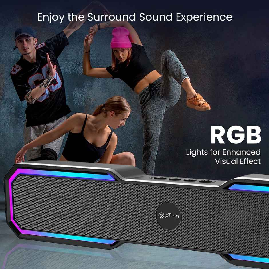 pTron Fusion RB 18W Bluetooth Soundbar| RGB Lights| Supports BT/FM/Aux/TF/USB Playback - Matt Black