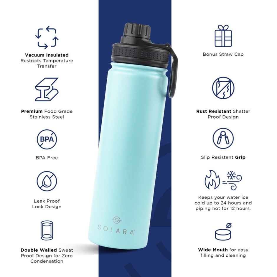 Solara Stainless Steel Insulated Water Bottle for Travel, Office, School, Gym | Aqua Blue | 650 ml