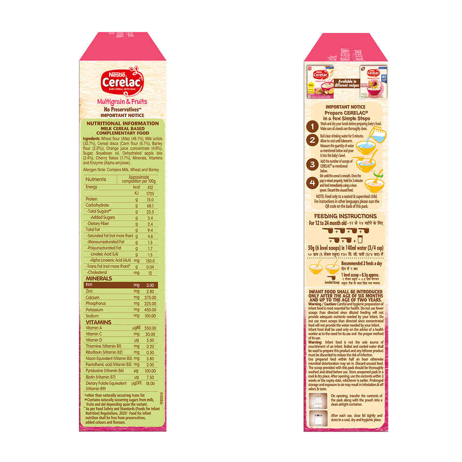 Nestle Cerelac Multigrain & Fruits Baby Food Cereal | No Preservatives | 12 to 24 Months