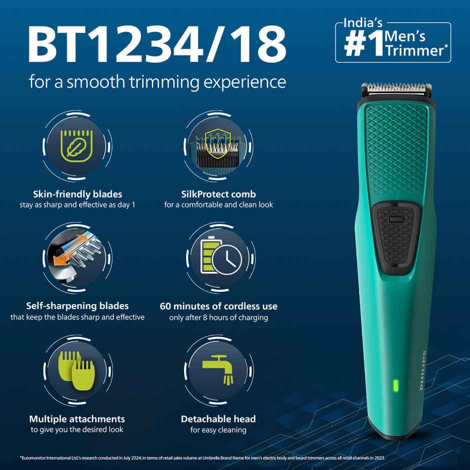 Philips SkinProtect Beard Trimmer | BT1234/18 | Self-Sharpened Steel Blades | DuraPower Tech