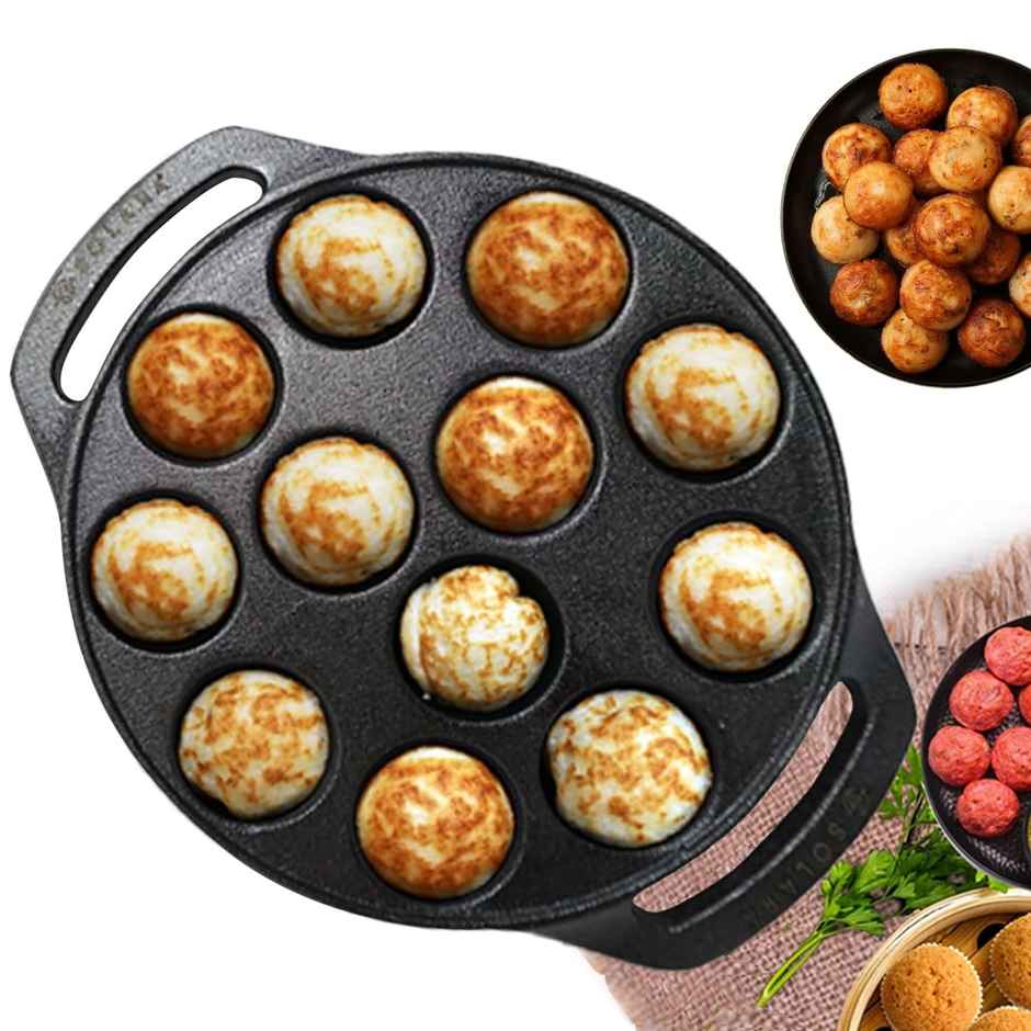 Solara Pre Seasoned Cast Iron Paniyaram Pan With 12 Cavities (8 Inch, 20 Cm)