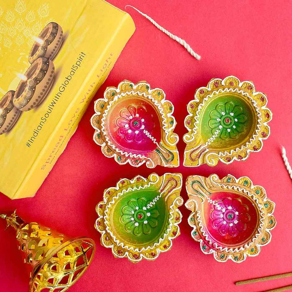 Designer Multicolor Clay Diya | Assorted Shapes | Designer Diya | 4 Pcs | Satvik