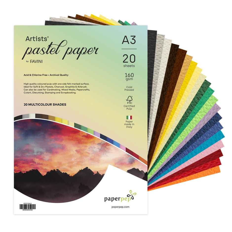 Paperpep Artists Pastel Papers 160Gsm A3 Multicolor Shades Assorted Pack Of 20 Sheets
