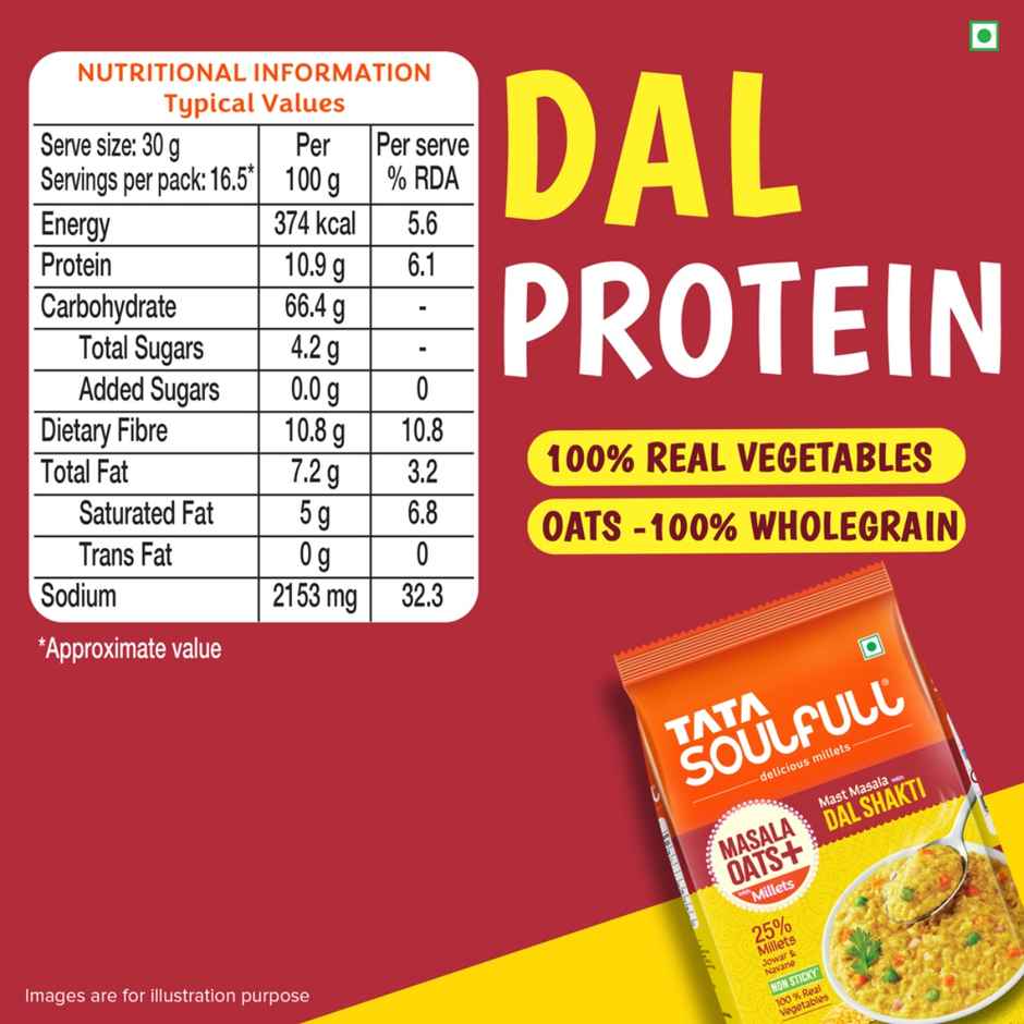 Tata Soulfull Masala Oats+ With Millets Mast Masala With Dal Shakti, 25% Millets, Non-Sticky Oats