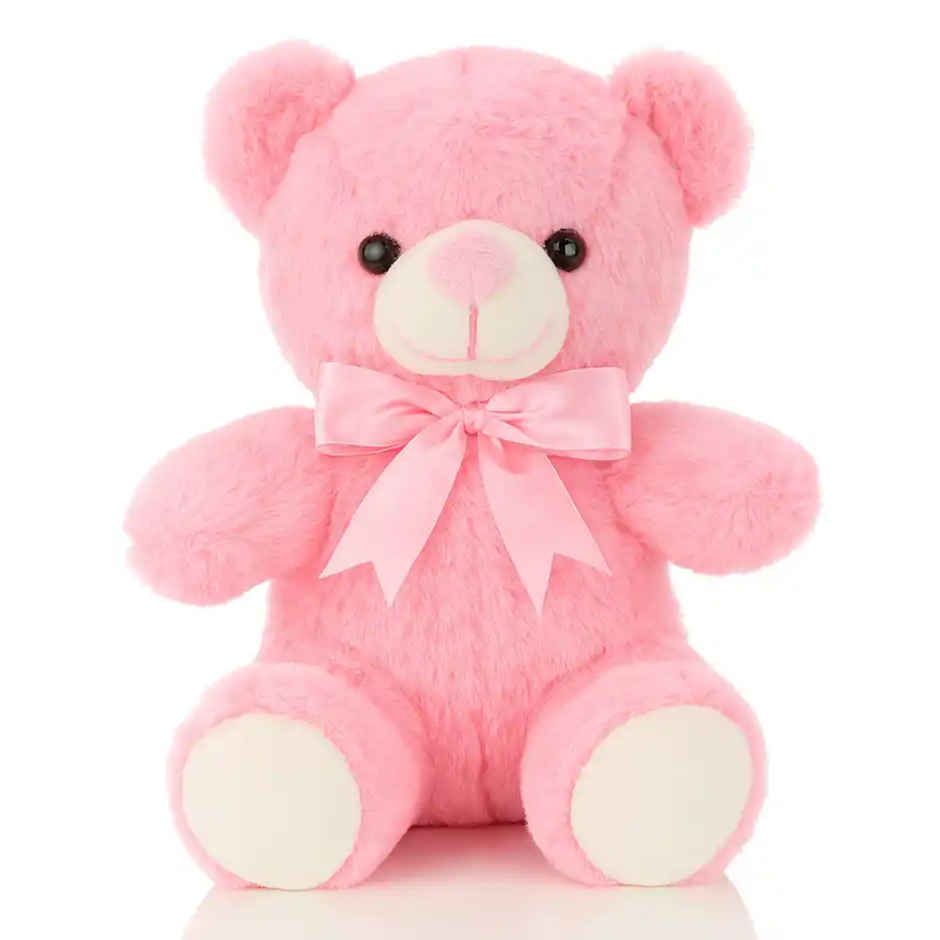 Fablue Cute Baby Pink Fur Teddy Bear with Pink Bow Plush Toy for Kids