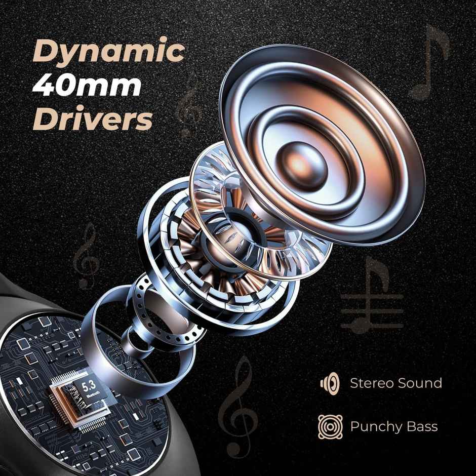 pTron Studio Pro Over-Ear BT Headphones HD Calls 65H Playtime Deep Bass Low-Latency - Black