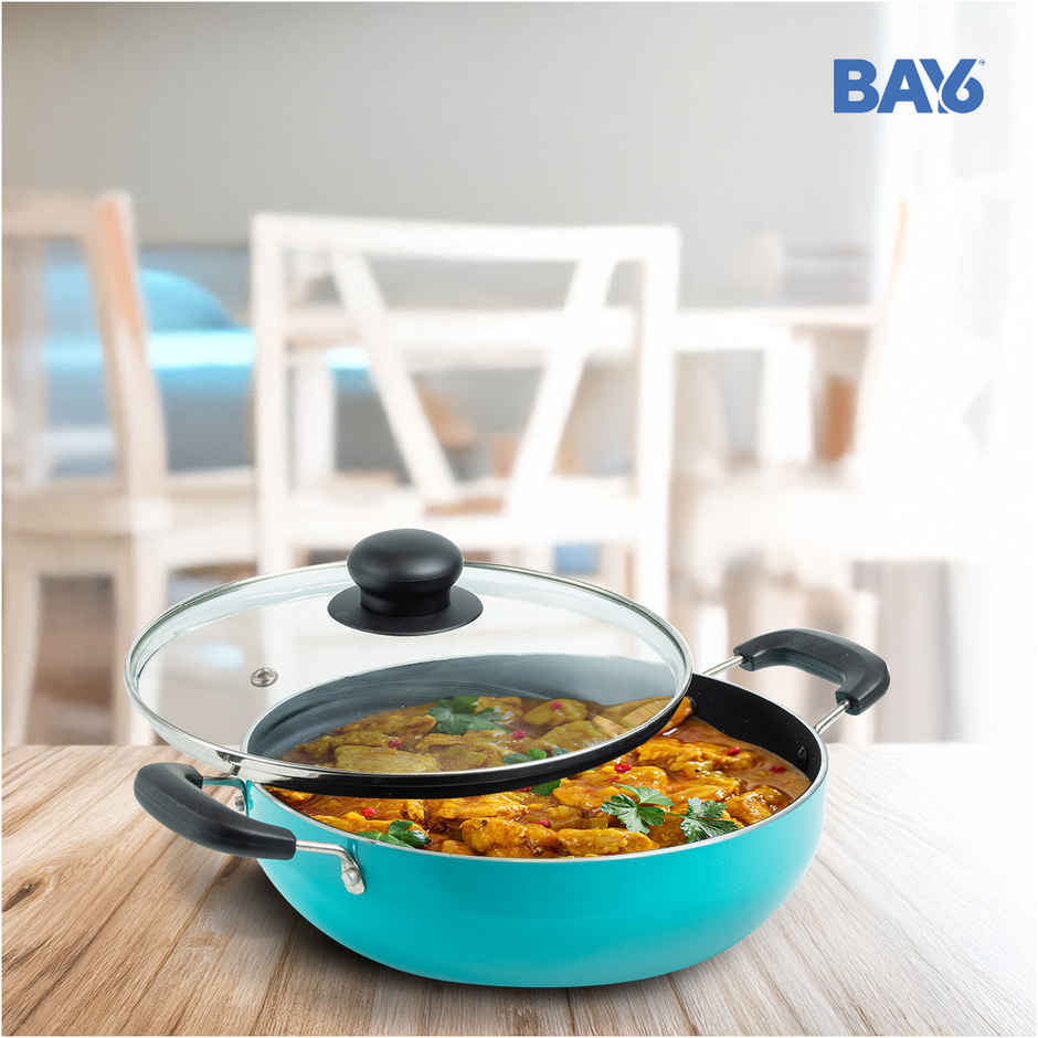 BAY6 Nonstick Induction Bottom Kadai with Glass Lid (3mm) 24 cm - Teal