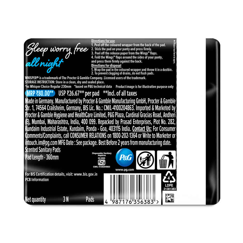 Whisper Bindazzz Nights Sanitary Pads | XXL+