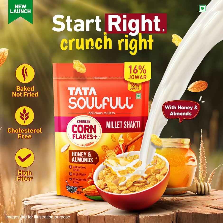 Tata Soulfull Corn Flakes, Honey & Almonds, Crunchy Corn & Millets, Baked Not Fried, High Fiber