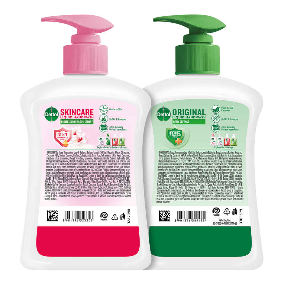 Dettol Original & Skincare Handwash Pump Dispenser Combo (2 Pack)
