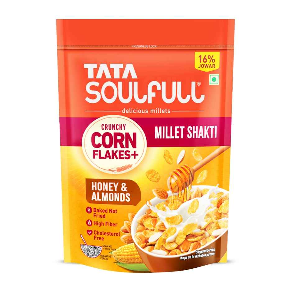 Tata Soulfull Corn Flakes, Honey & Almonds, Crunchy Corn & Millets, Baked Not Fried, High Fiber