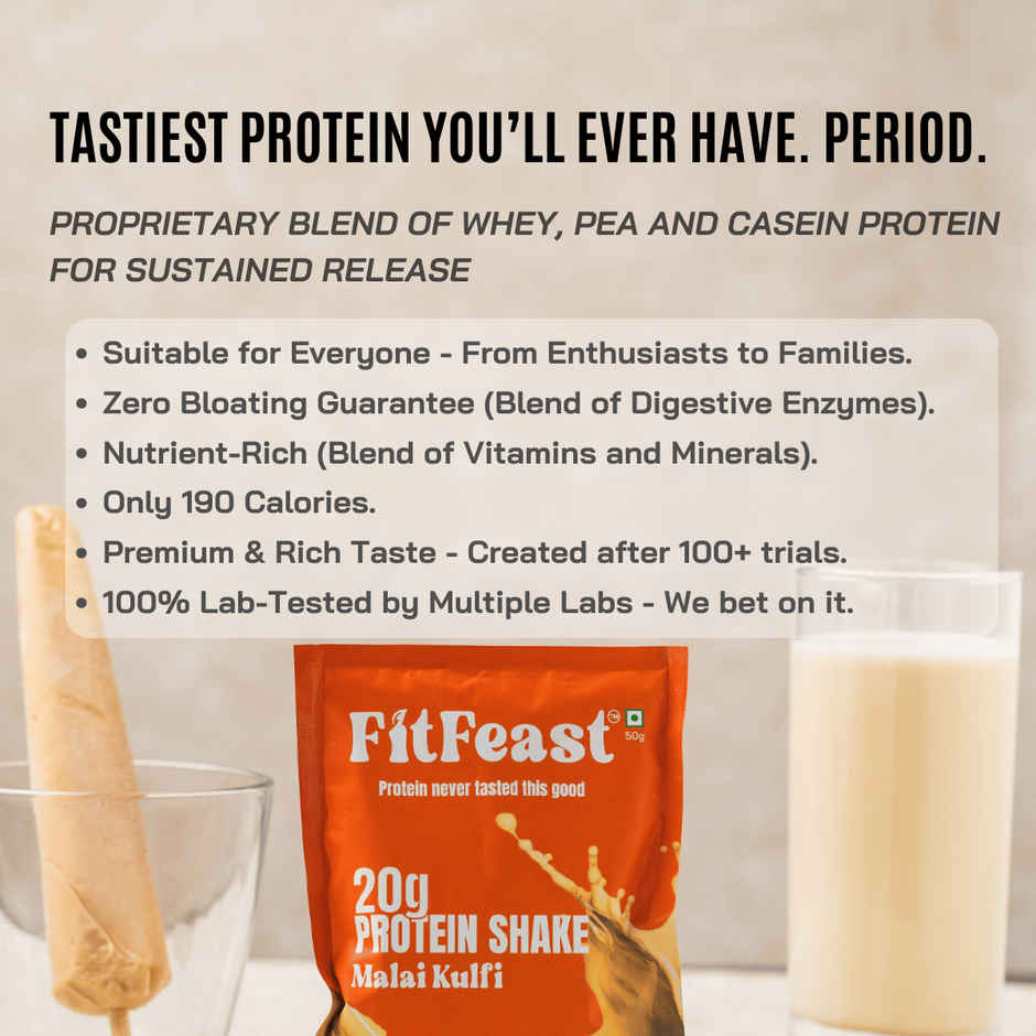 FitFeast Lab-Tested Malai Kulfi 20g Protein Shake Sachets (7) + Free Shaker | Zero Bloating Guarantee