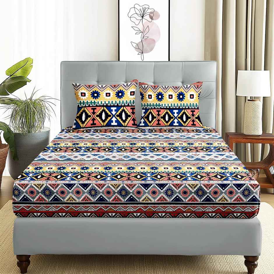 Story@home 240 TC Microfiber Double Printed Flat Bedsheet Beige & Grey | Aztec