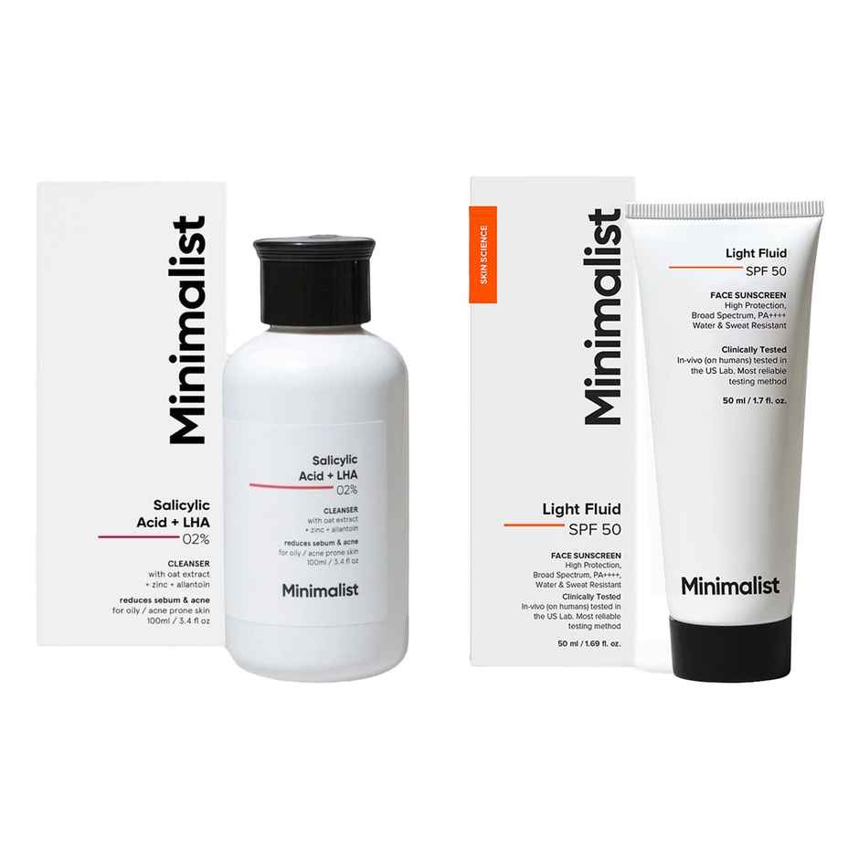 Minimalist Light Fluid Spf 50 Face Sunscreen(50ml) & Minimalist 02% Salicylic Acid + Lha Face Cleanser(100ml) Combo