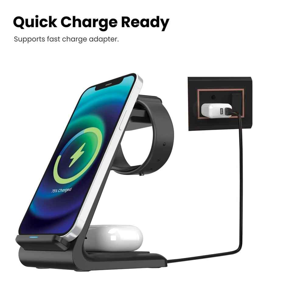 Portronics Freedom Trio 3-In-1 Wireless Charger With 15W Fast Charging - Black