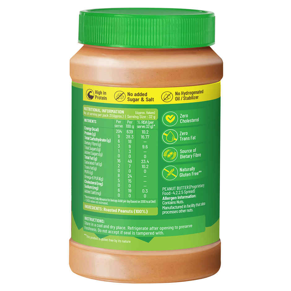DiSano Natural Peanut Butter - Crunchy, Unsweetened, 28.3% Protein, No Added Sugar, Peanut