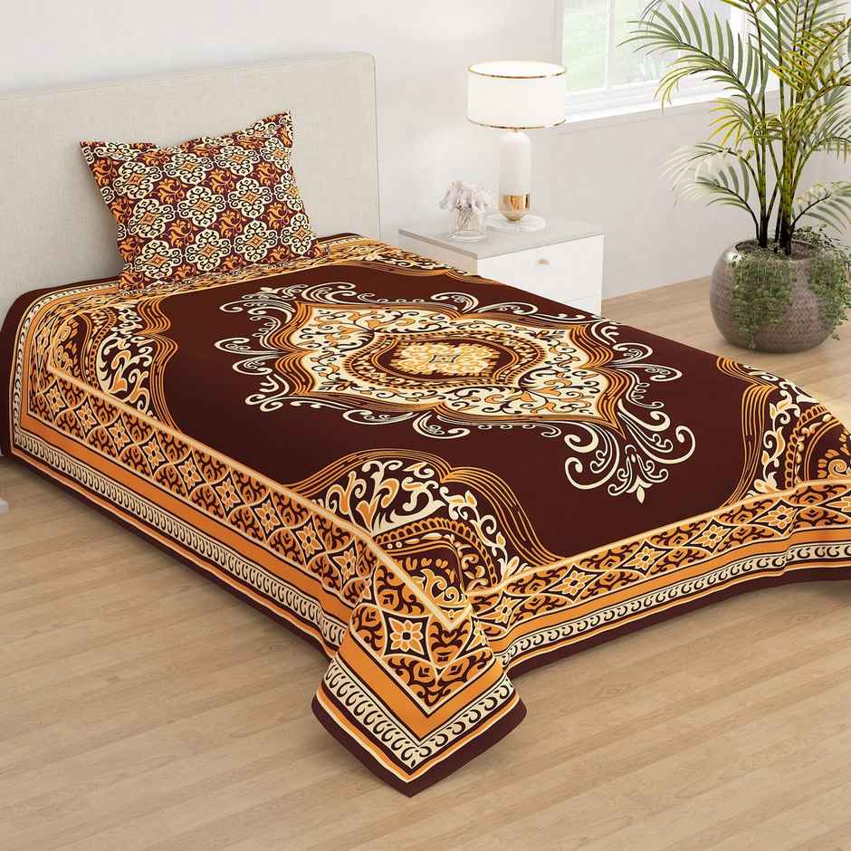 Story@Home 160 TC Microfiber Single Jaipuri Prints Flat Bedsheet | Brown