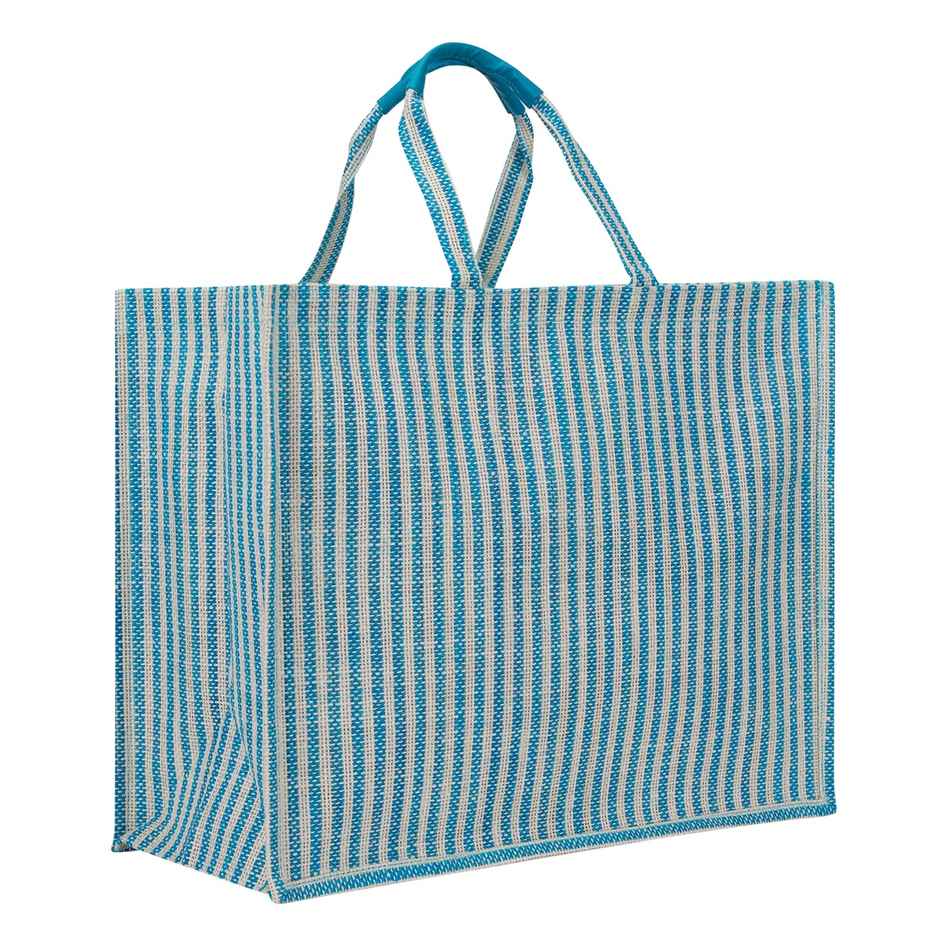 Jute Cottage Carry Bag - Stripe Fabric Zipper Shopping Bag | Eco-friendly | Blue | 14 x 18 x 9
